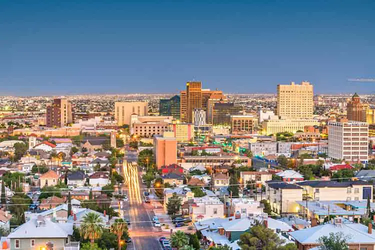 El Paso, Texas, USA downtown city skyline at dusk with Juarez, Mexico