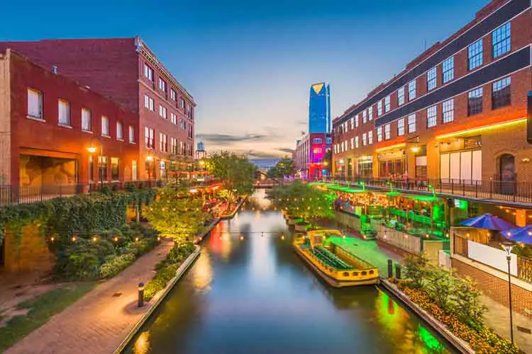 Oklahoma City, Oklahoma, USA cityscape in Bricktown at dusk.